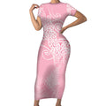 Aotearoa Maori Koru Curves Short Sleeve Bodycon Dress Silver Ferns - Rose Pink