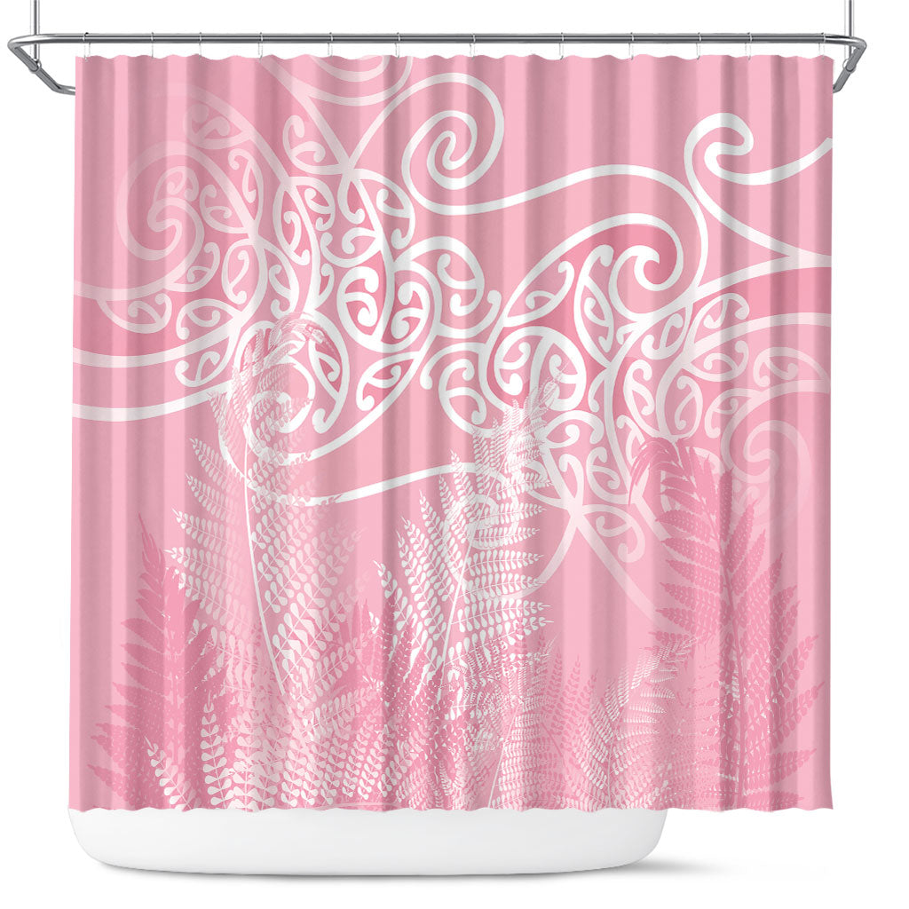 Aotearoa Maori Koru Curves Shower Curtain Silver Ferns - Rose Pink