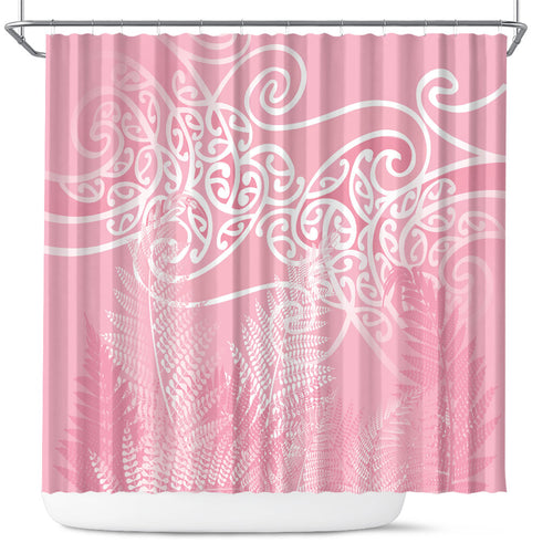 Aotearoa Maori Koru Curves Shower Curtain Silver Ferns - Rose Pink