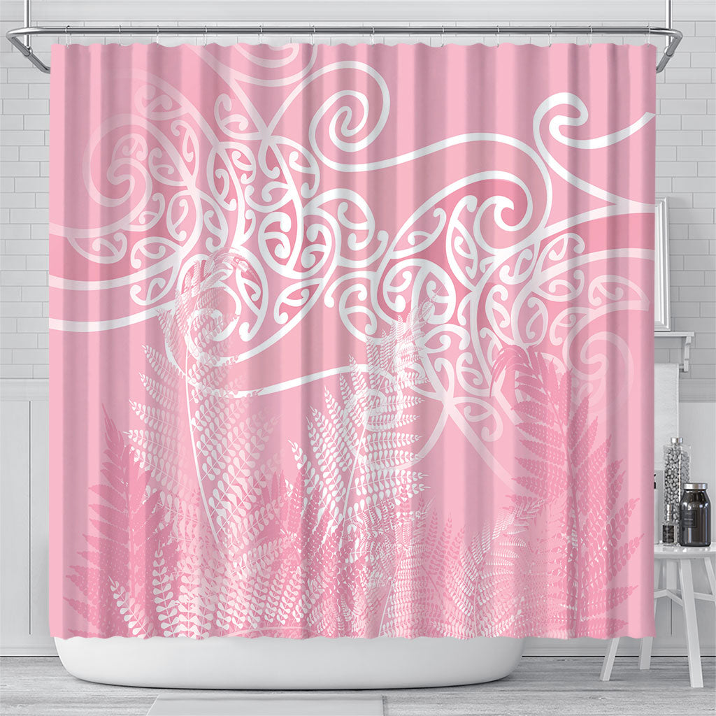 Aotearoa Maori Koru Curves Shower Curtain Silver Ferns - Rose Pink