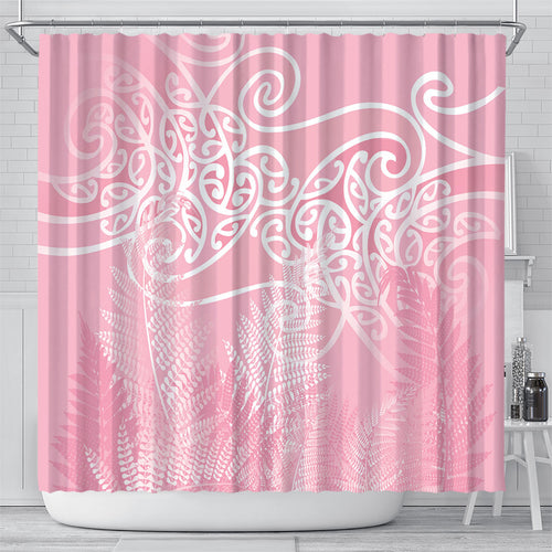 Aotearoa Maori Koru Curves Shower Curtain Silver Ferns - Rose Pink
