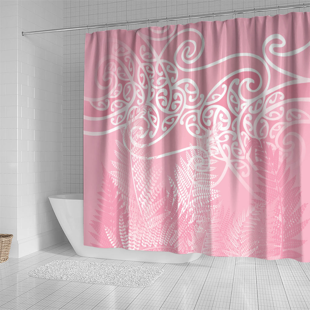 Aotearoa Maori Koru Curves Shower Curtain Silver Ferns - Rose Pink