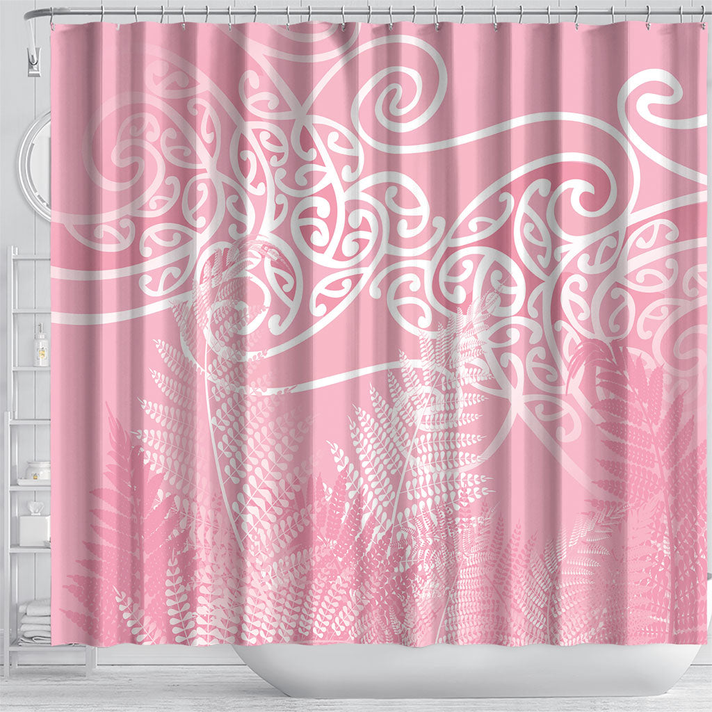 Aotearoa Maori Koru Curves Shower Curtain Silver Ferns - Rose Pink