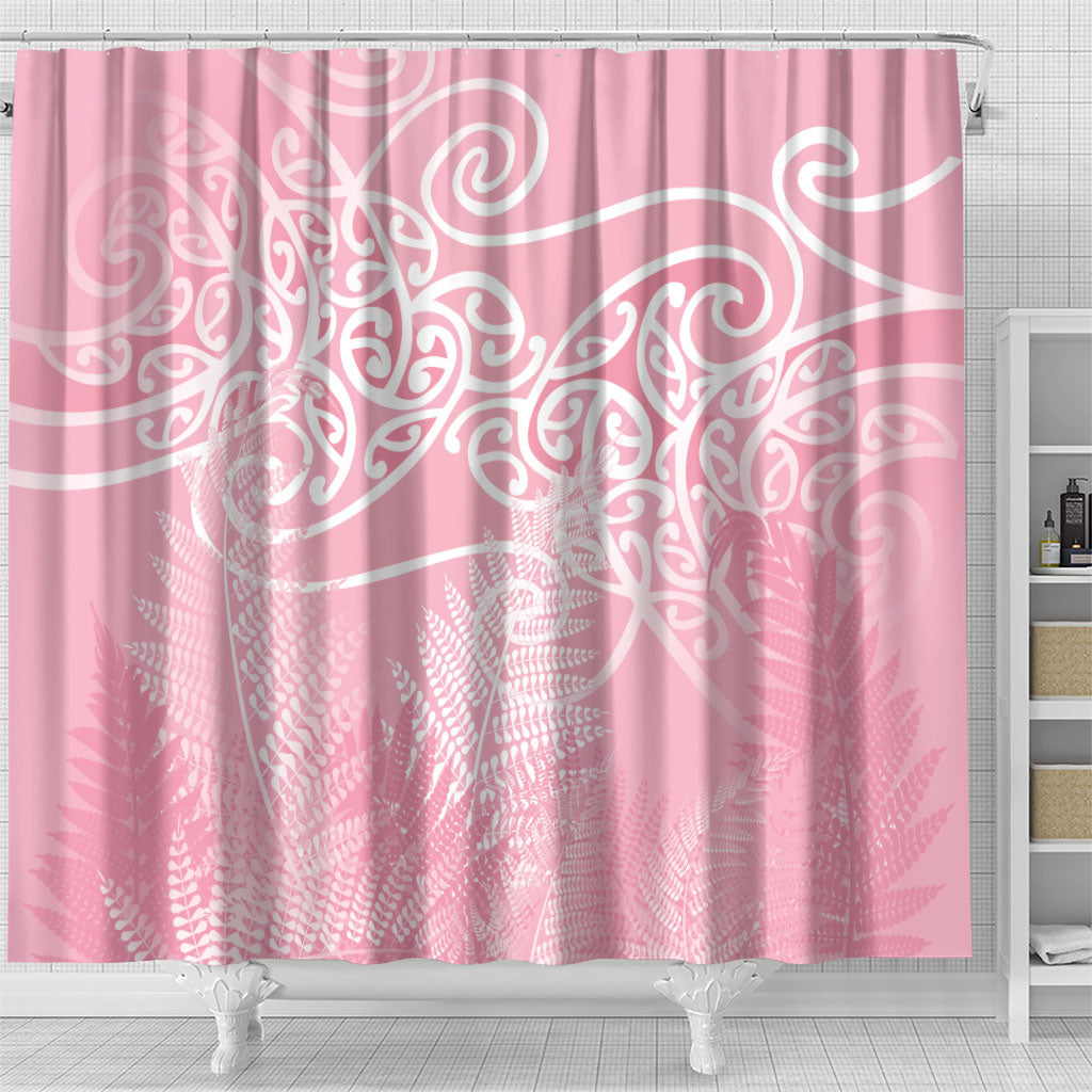 Aotearoa Maori Koru Curves Shower Curtain Silver Ferns - Rose Pink