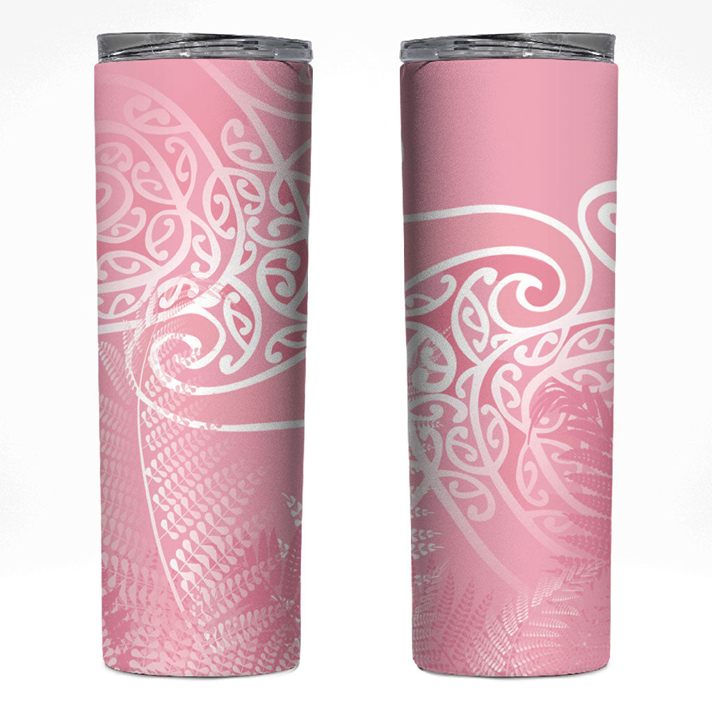 Aotearoa Maori Koru Curves Skinny Tumbler Silver Ferns - Rose Pink