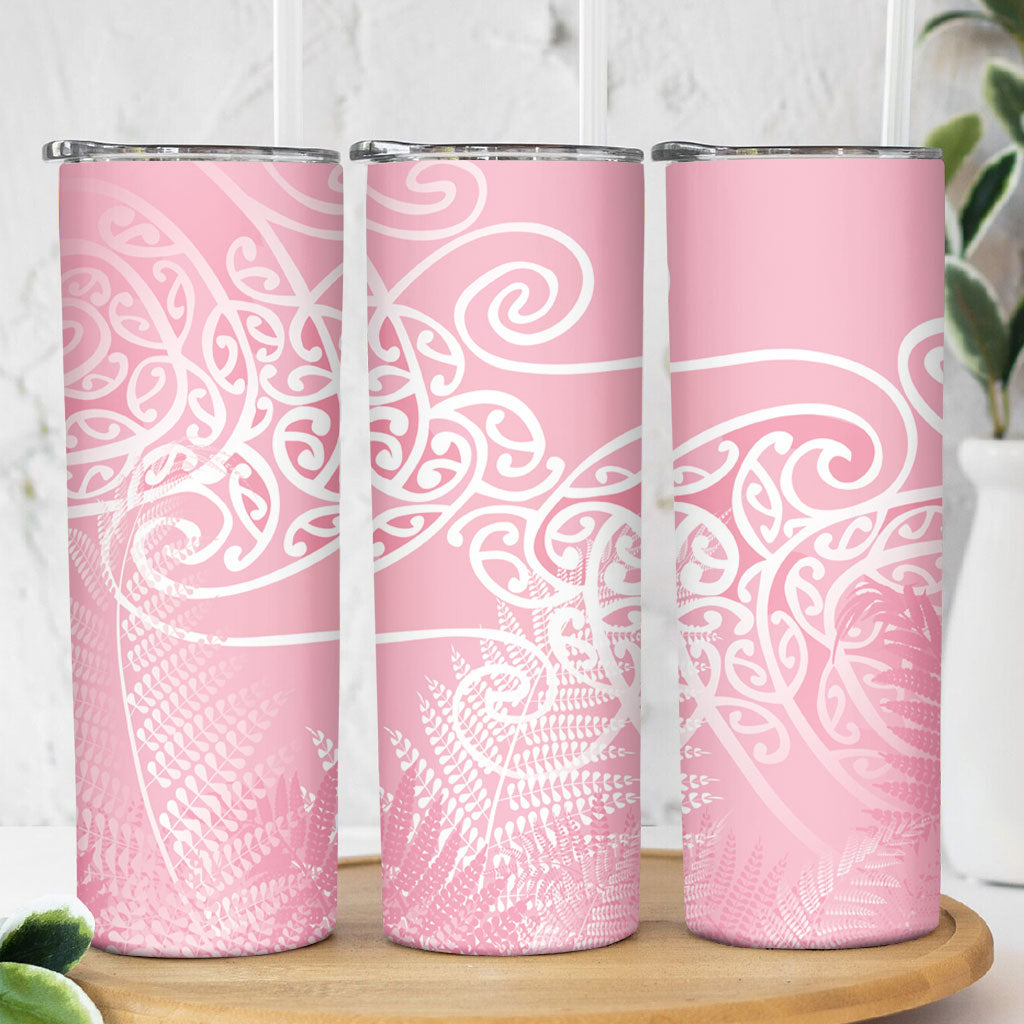 Aotearoa Maori Koru Curves Skinny Tumbler Silver Ferns - Rose Pink