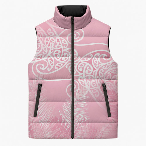 Aotearoa Maori Koru Curves Sleeveless Puffer Jacket Silver Ferns - Rose Pink