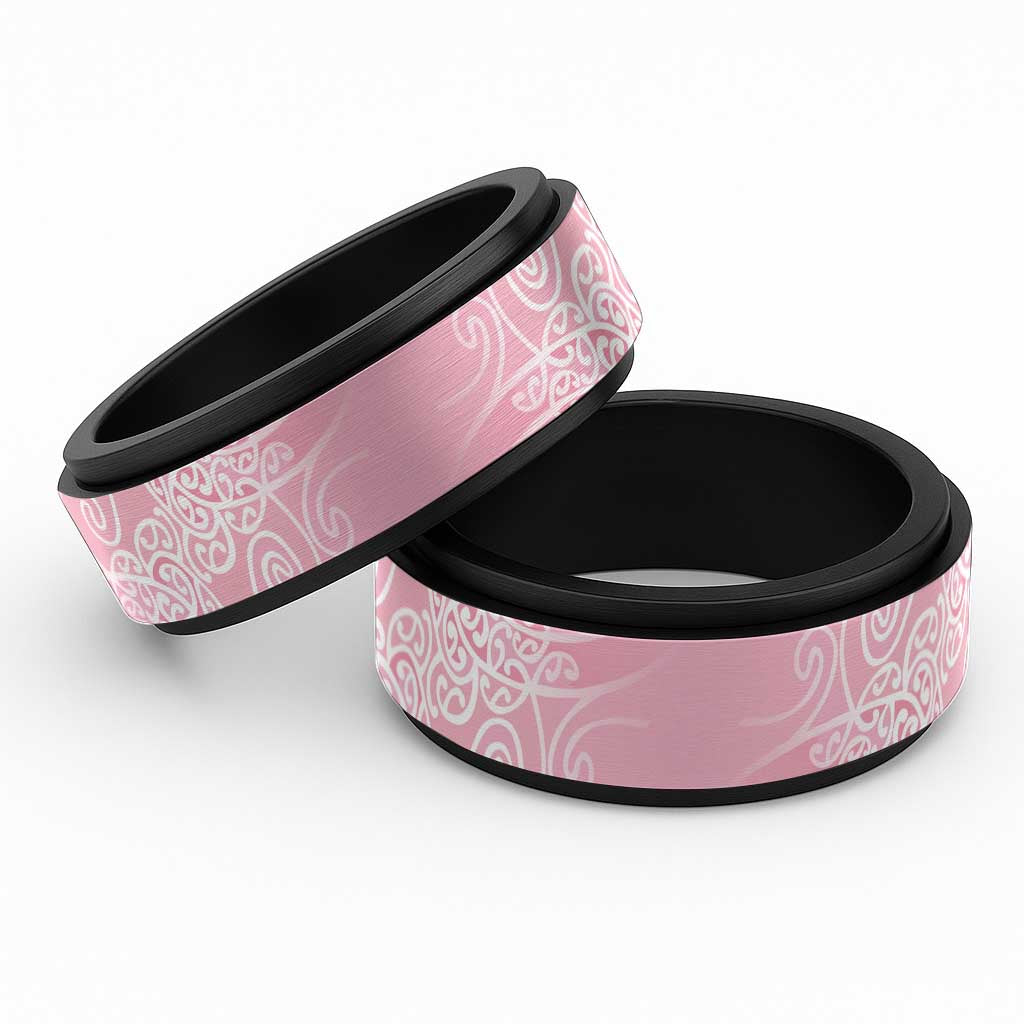 Aotearoa Maori Koru Curves Spinner Ring Silver Ferns - Rose Pink