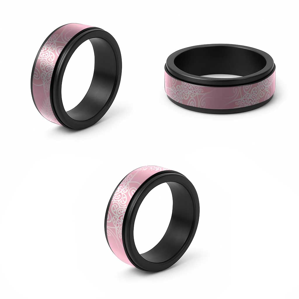 Aotearoa Maori Koru Curves Spinner Ring Silver Ferns - Rose Pink