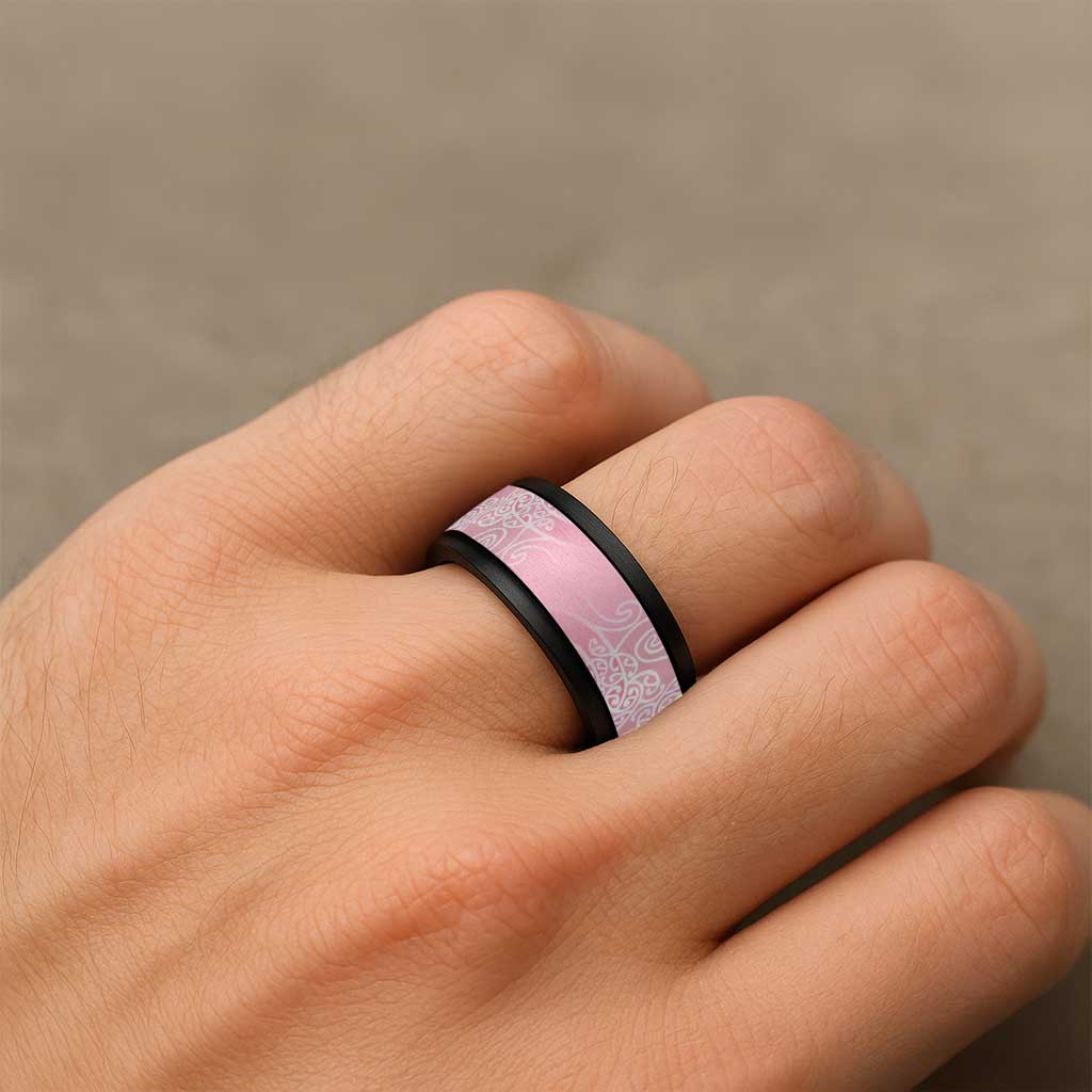 Aotearoa Maori Koru Curves Spinner Ring Silver Ferns - Rose Pink