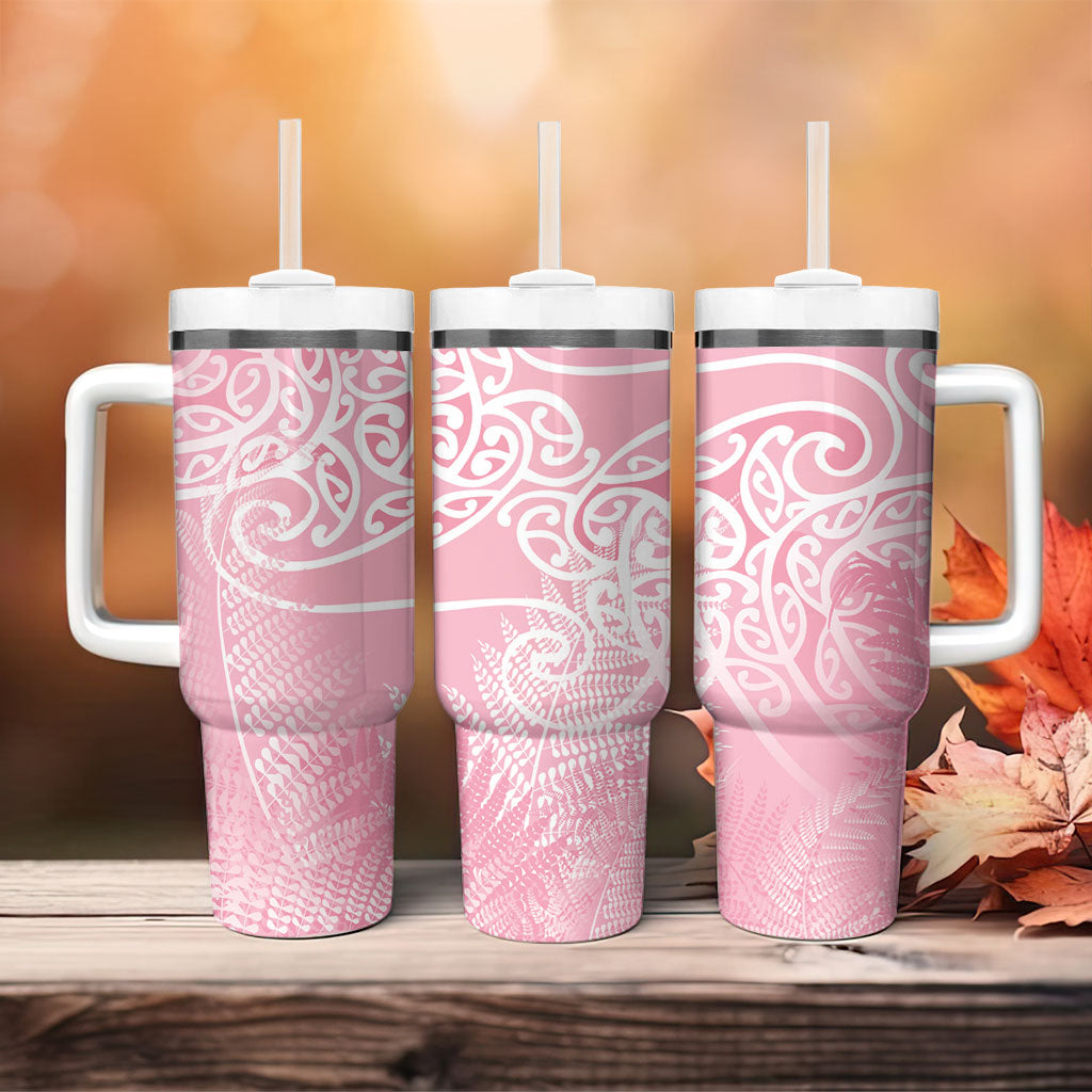 Aotearoa Maori Koru Curves Tumbler With Handle Silver Ferns - Rose Pink