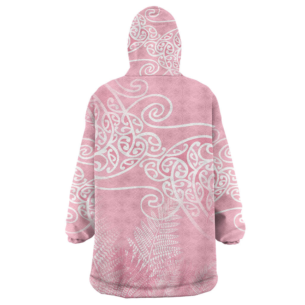 Aotearoa Maori Koru Curves Wearable Blanket Hoodie Silver Ferns - Rose Pink