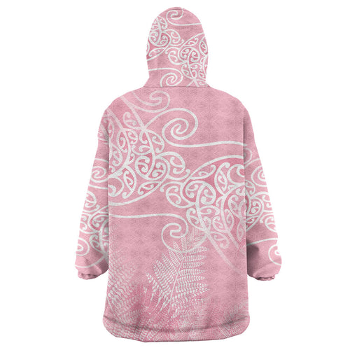 Aotearoa Maori Koru Curves Wearable Blanket Hoodie Silver Ferns - Rose Pink