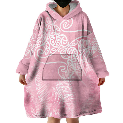 Aotearoa Maori Koru Curves Wearable Blanket Hoodie Silver Ferns - Rose Pink