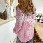 Aotearoa Maori Koru Curves Women Casual Shirt Silver Ferns - Rose Pink