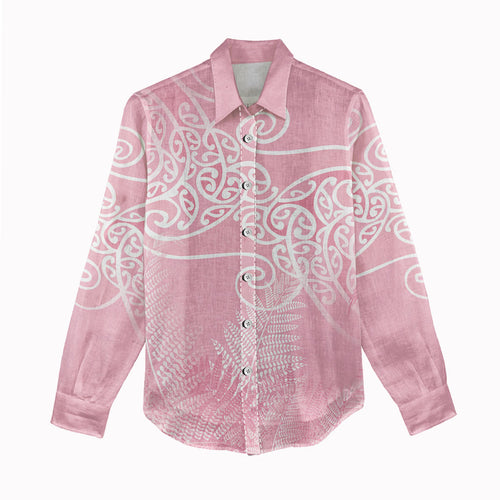 Aotearoa Maori Koru Curves Women Casual Shirt Silver Ferns - Rose Pink