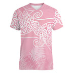 Aotearoa Maori Koru Curves Women V-Neck T-Shirt Silver Ferns - Rose Pink