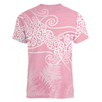 Aotearoa Maori Koru Curves Women V-Neck T-Shirt Silver Ferns - Rose Pink