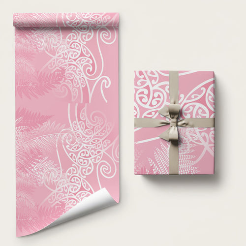 Aotearoa Maori Koru Curves Wrapping Paper Silver Ferns - Rose Pink
