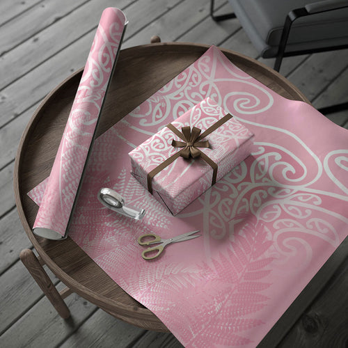 Aotearoa Maori Koru Curves Wrapping Paper Silver Ferns - Rose Pink