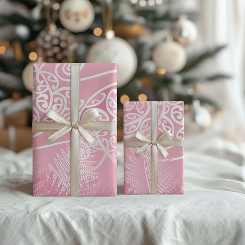 Aotearoa Maori Koru Curves Wrapping Paper Silver Ferns - Rose Pink