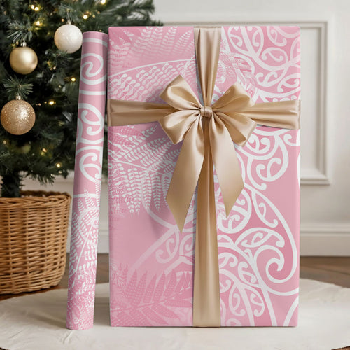 Aotearoa Maori Koru Curves Wrapping Paper Silver Ferns - Rose Pink