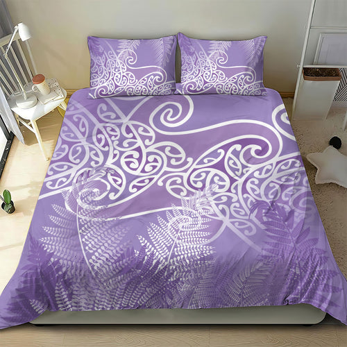 Aotearoa Maori Koru Curves Bedding Set Silver Ferns - Amethyst