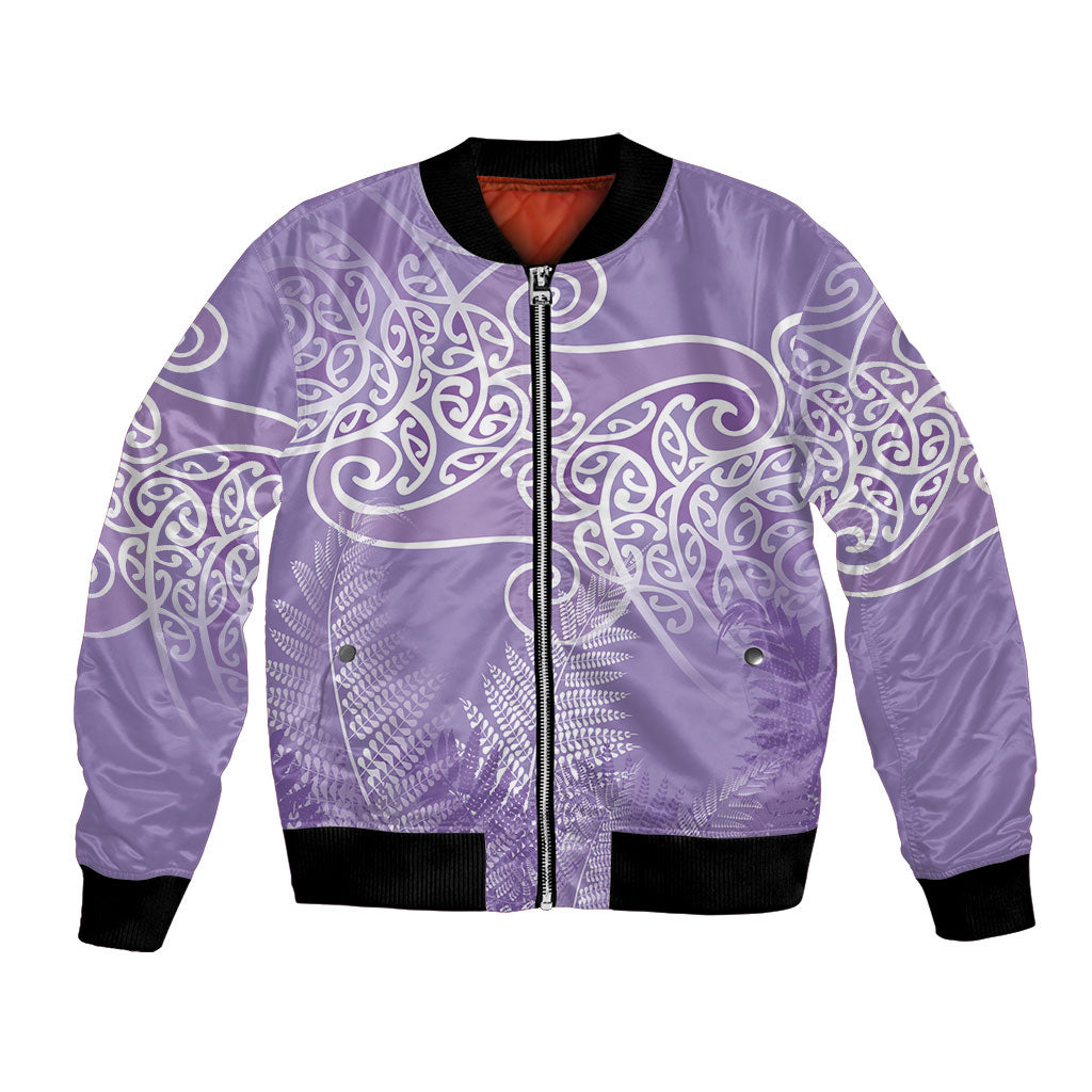 Aotearoa Maori Koru Curves Bomber Jacket Silver Ferns - Amethyst