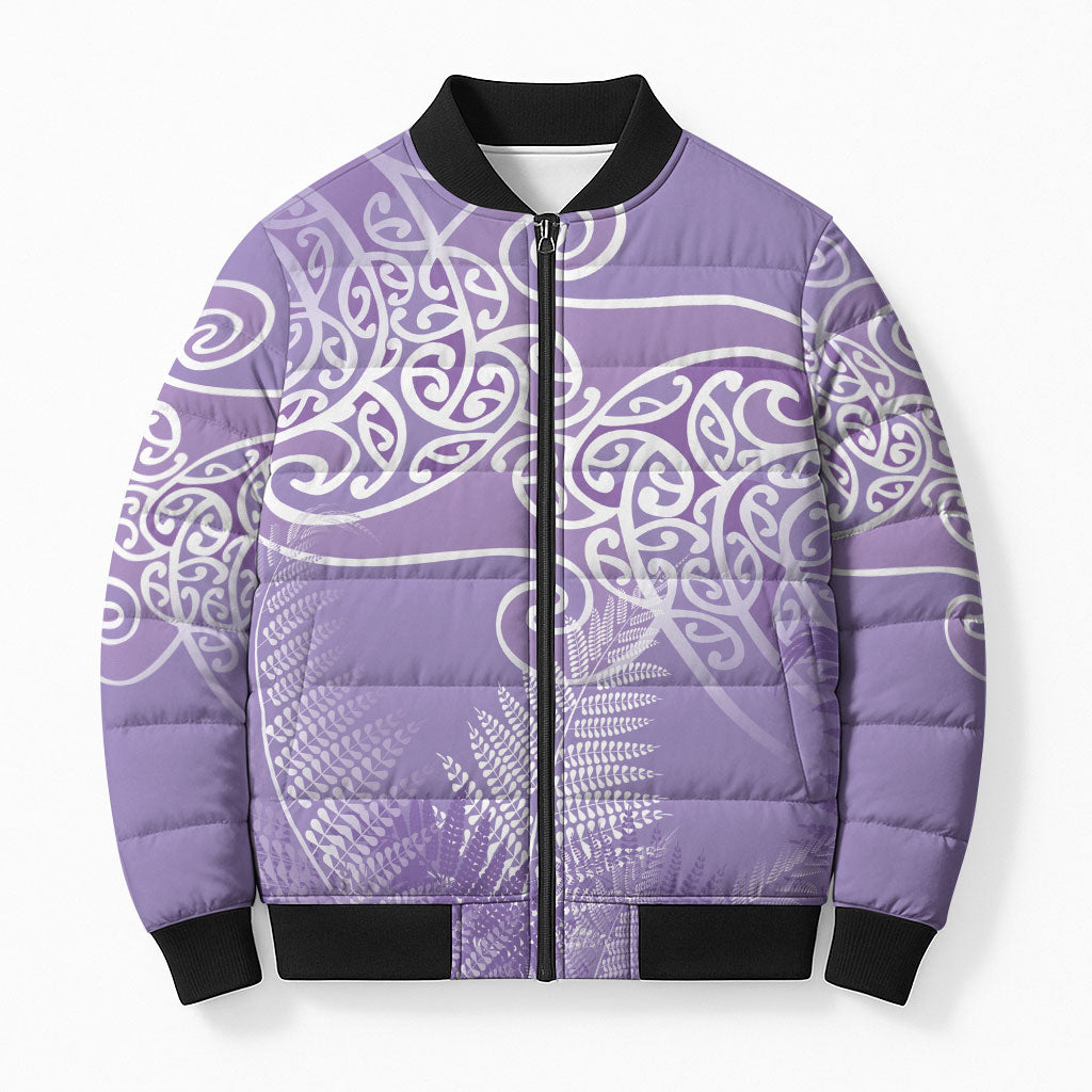 Aotearoa Maori Koru Curves Bomber Puffer Jacket Silver Ferns - Amethyst