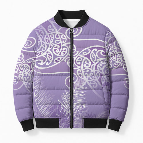 Aotearoa Maori Koru Curves Bomber Puffer Jacket Silver Ferns - Amethyst