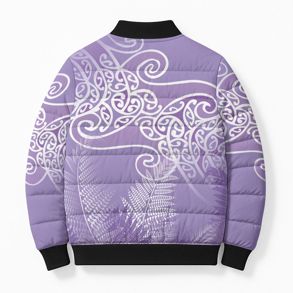 Aotearoa Maori Koru Curves Bomber Puffer Jacket Silver Ferns - Amethyst