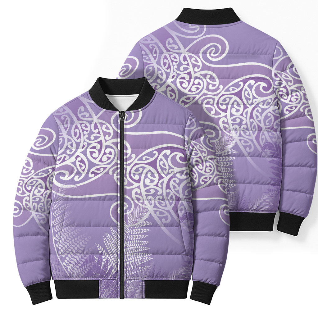 Aotearoa Maori Koru Curves Bomber Puffer Jacket Silver Ferns - Amethyst