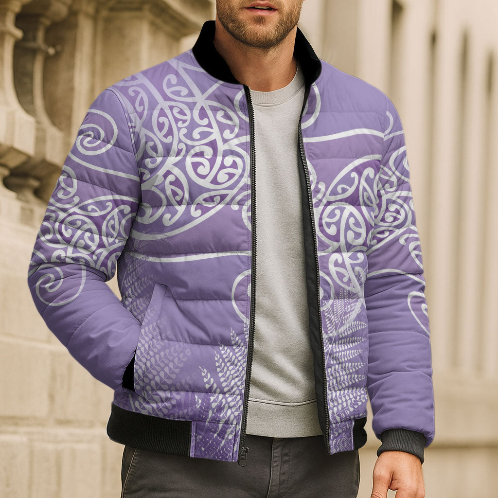 Aotearoa Maori Koru Curves Bomber Puffer Jacket Silver Ferns - Amethyst