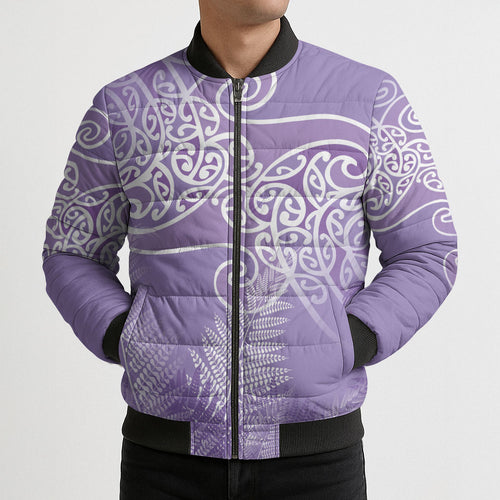 Aotearoa Maori Koru Curves Bomber Puffer Jacket Silver Ferns - Amethyst