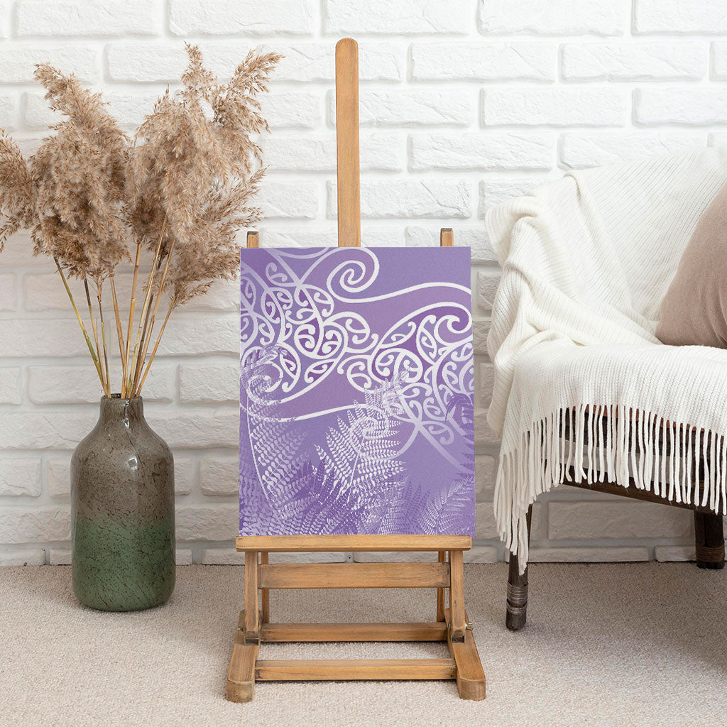 Aotearoa Maori Koru Curves Canvas Wall Art Silver Ferns - Amethyst