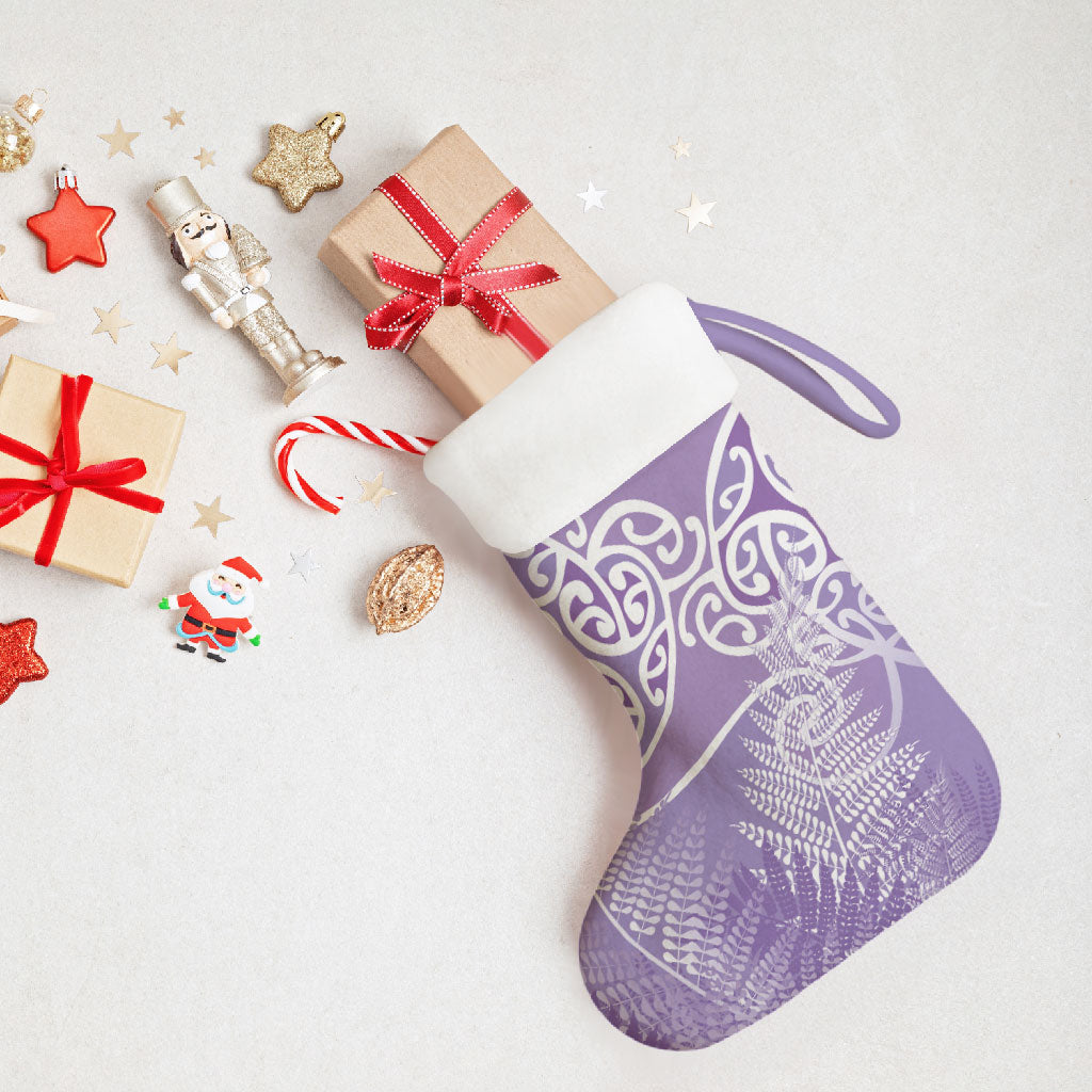 Aotearoa Maori Koru Curves Christmas Stocking Silver Ferns - Amethyst