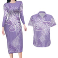 Aotearoa Maori Koru Curves Couples Matching Long Sleeve Bodycon Dress and Hawaiian Shirt Silver Ferns - Amethyst