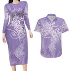 Aotearoa Maori Koru Curves Couples Matching Long Sleeve Bodycon Dress and Hawaiian Shirt Silver Ferns - Amethyst