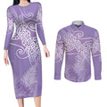 Aotearoa Maori Koru Curves Couples Matching Long Sleeve Bodycon Dress and Long Sleeve Button Shirt Silver Ferns - Amethyst
