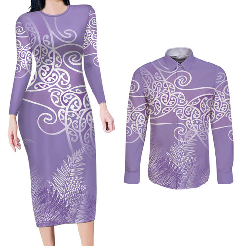 Aotearoa Maori Koru Curves Couples Matching Long Sleeve Bodycon Dress and Long Sleeve Button Shirt Silver Ferns - Amethyst