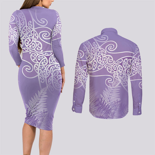 Aotearoa Maori Koru Curves Couples Matching Long Sleeve Bodycon Dress and Long Sleeve Button Shirt Silver Ferns - Amethyst