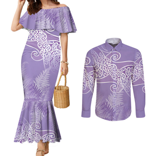 Aotearoa Maori Koru Curves Couples Matching Mermaid Dress and Long Sleeve Button Shirt Silver Ferns - Amethyst