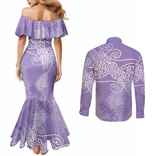 Aotearoa Maori Koru Curves Couples Matching Mermaid Dress and Long Sleeve Button Shirt Silver Ferns - Amethyst