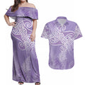 Aotearoa Maori Koru Curves Couples Matching Off Shoulder Maxi Dress and Hawaiian Shirt Silver Ferns - Amethyst