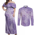 Aotearoa Maori Koru Curves Couples Matching Off Shoulder Maxi Dress and Long Sleeve Button Shirt Silver Ferns - Amethyst