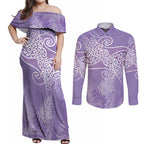 Aotearoa Maori Koru Curves Couples Matching Off Shoulder Maxi Dress and Long Sleeve Button Shirt Silver Ferns - Amethyst