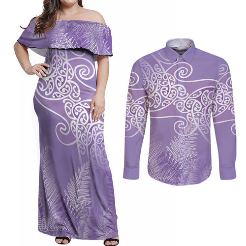 Aotearoa Maori Koru Curves Couples Matching Off Shoulder Maxi Dress and Long Sleeve Button Shirt Silver Ferns - Amethyst
