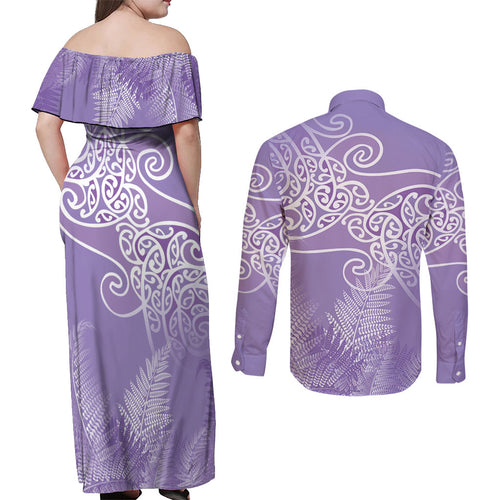 Aotearoa Maori Koru Curves Couples Matching Off Shoulder Maxi Dress and Long Sleeve Button Shirt Silver Ferns - Amethyst