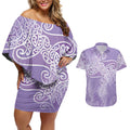 Aotearoa Maori Koru Curves Couples Matching Off Shoulder Short Dress and Hawaiian Shirt Silver Ferns - Amethyst