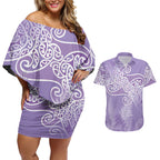 Aotearoa Maori Koru Curves Couples Matching Off Shoulder Short Dress and Hawaiian Shirt Silver Ferns - Amethyst
